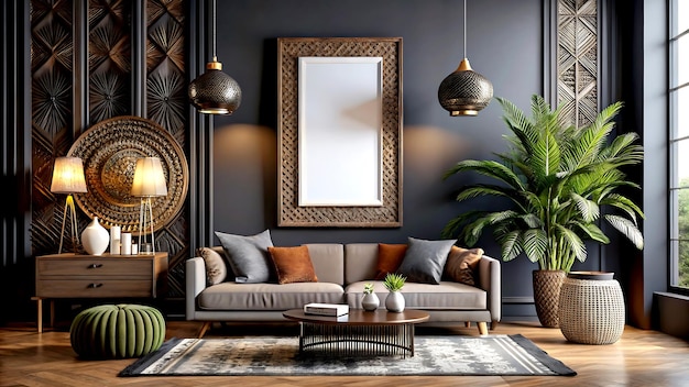 Photo dark home interior ethnic style living room wall mock up background 3d render white mock up frame