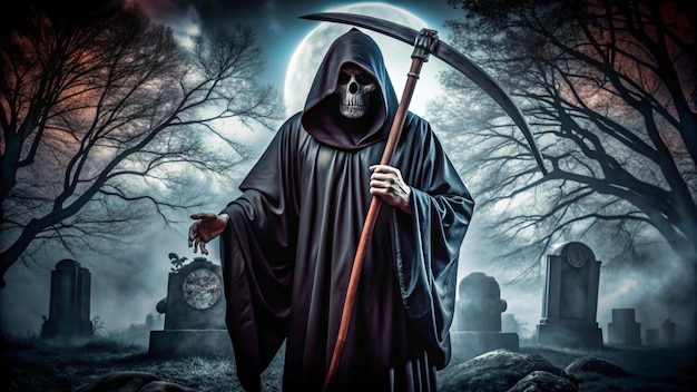 The dark hooded figure of the Grim Reaper holding a scythe standing in a misty graveyard at night