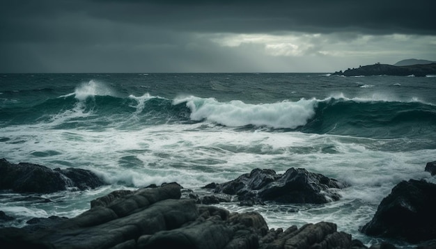 Dark horizon over crashing waves dramatic sky in idyllic seascape generated by artificial intelligence