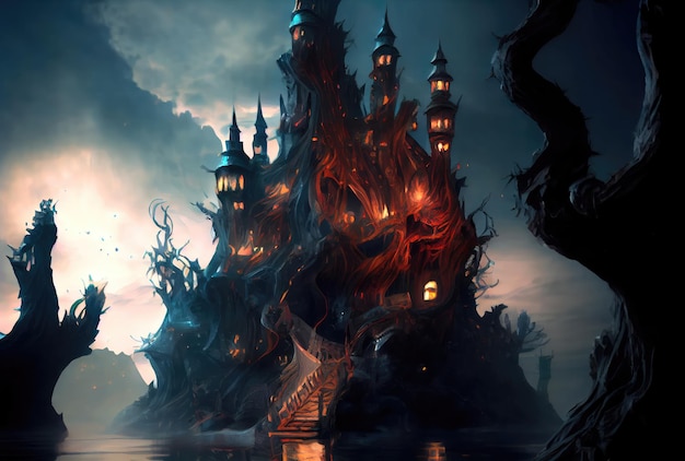 The dark horror realm castle on the water Fantasy and spooky scene concept Generative AI