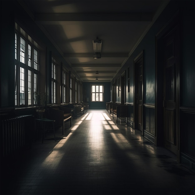 Dark Hospital Hallway Lit by Windows