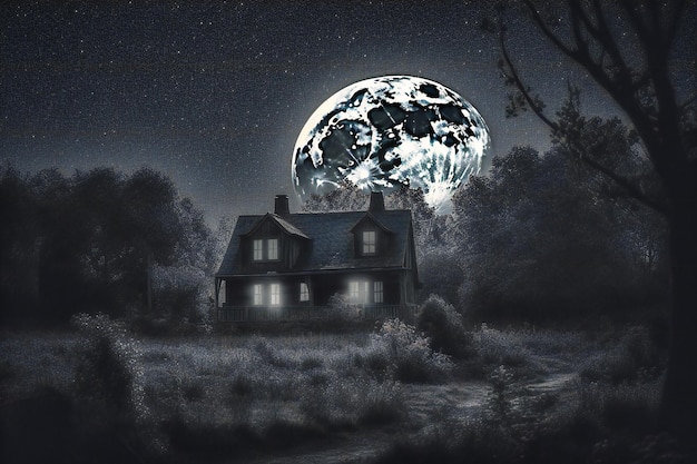 A dark house lit up by the full moon