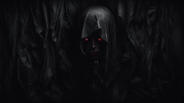 a dark image of a man with a red eyes and a black cloak