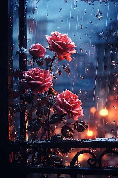 dark image of roses on the window with rain in the style of max rive cyril rolando vray tracing