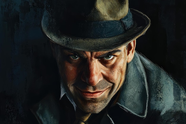 A dark intense portrait of a cunning thief with piercing eyes wearing a fedora hat and a sly grin amidst an enigmatic moody backdrop