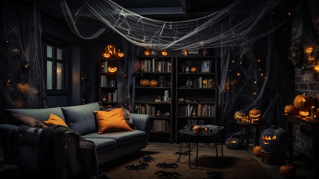 Dark interior of house decorated for halloween pumpkin