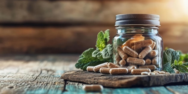 Photo a dark jar filled with dietary supplements promoting healthy lifestyle choices and wellness product