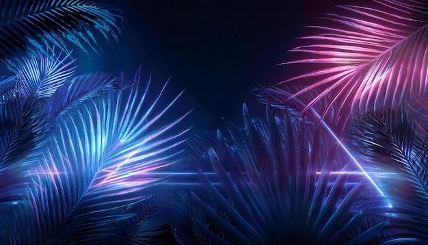 dark jungle with neon lines and palm leaves night scene for tropical party background