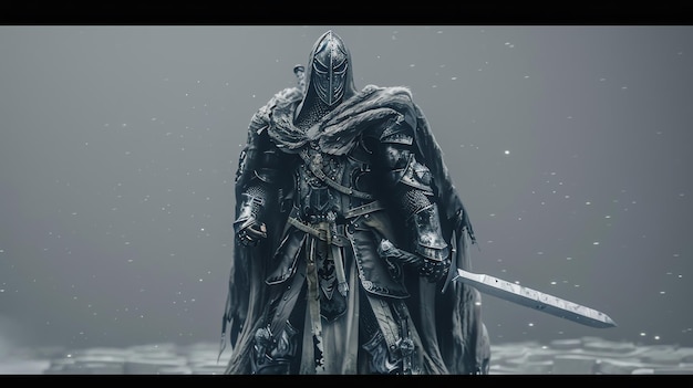 A dark knight in full armor stands with a sword drawn