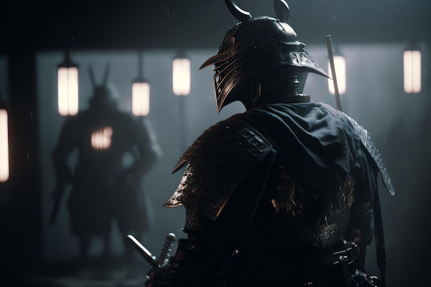 A dark knight stands in front of a wall with a lantern and a man in a dark room