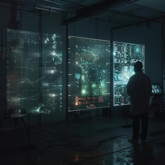 A dark lab illuminated by the ghostly glow of 3D holographic digital charts mapping the unseen data landscape