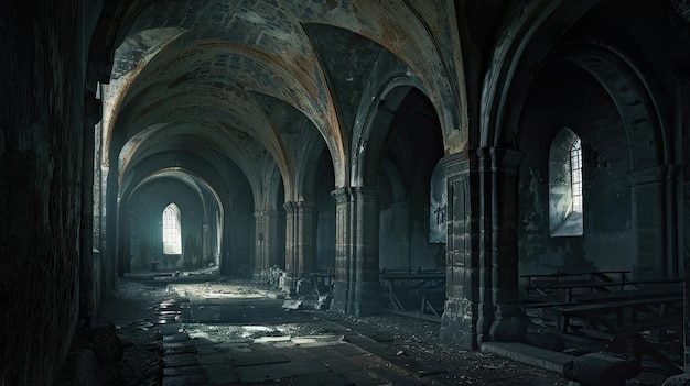 Dark and labyrinthine catacombs beneath an abandoned monastery Gloomy place ghosts paranormal gothic middle ages ruins dust dampness underground structure mysticism fear Generative by AI