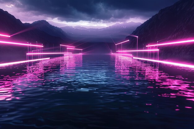 Photo dark lake with glowing neon lines 3d rendering