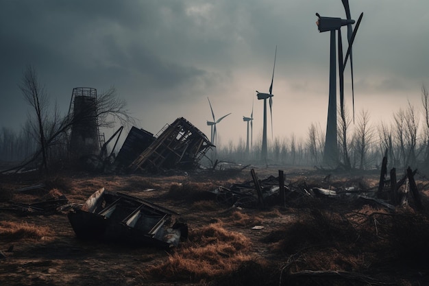 A dark landscape with a windmill and a dark sky with the word wind.