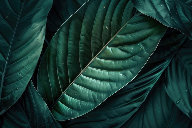 Dark Leaf Green Tropical Leaf Background with Copy Space and Water Droplets