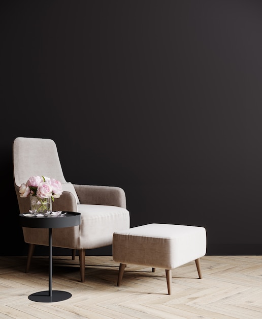 Dark living room interior mockup with empty black wall