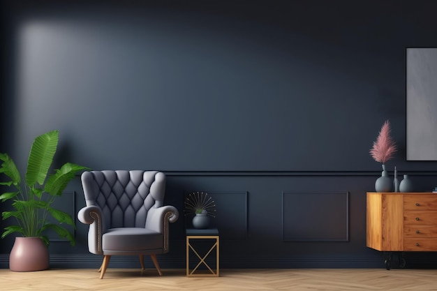 A dark living room with a chair and a plant on the wall.