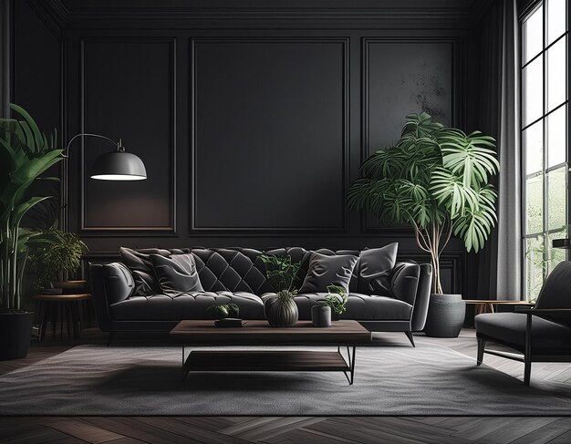 A dark living room with a dark couch coffee table plants and a lamp