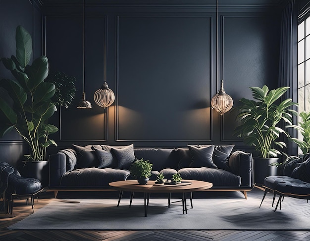 A dark living room with a dark couch coffee table plants and a lamp