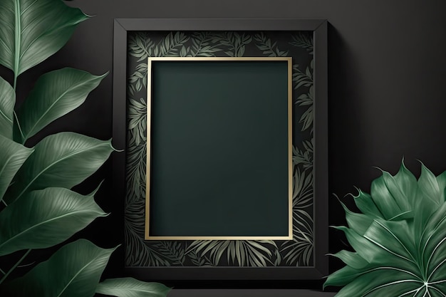 Dark luxurious A4 square photo frame mockup with green leaves