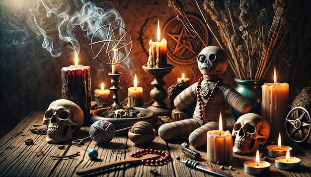 Photo dark magic altar with skulls candles and voodoo doll surrounded by ritual items