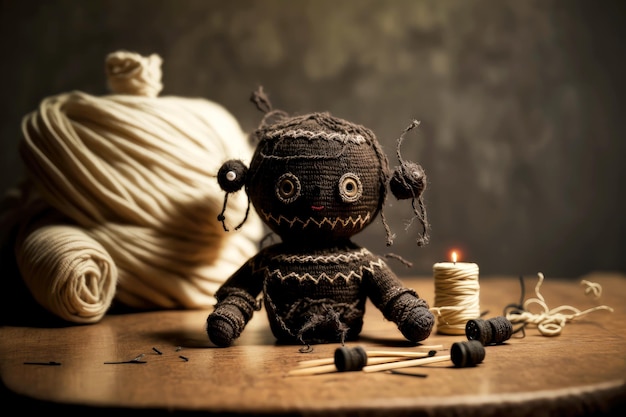 Dark magic ritual voodoo doll on table