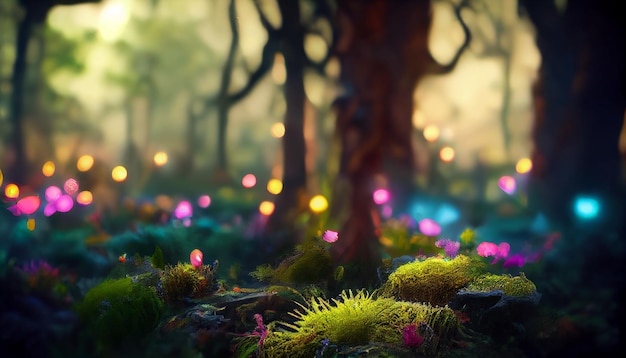 Dark magical fairy tale forest background with glowing lights