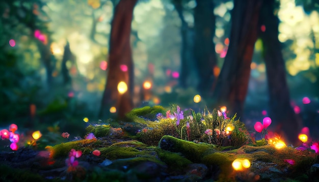 Dark magical fairy tale forest background with glowing lights