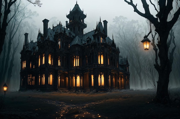 Dark mansion with lights on in the forest