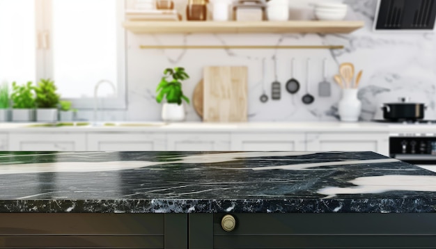 Dark marble table in modern kitchen interior for product display montage and digital art creation