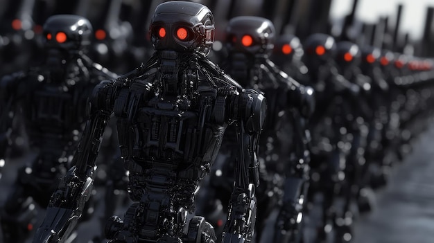 Photo dark military robots in formation with red eyes in futuristic setting