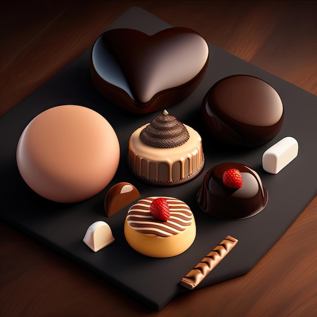 Dark milk and white chocolate candies pralines truffles assorted on wooden table