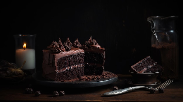 Dark Mode Delight Tempting Photo of Decadent Chocolate Cake an Indulgent Cocoa Fantasy