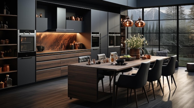 Dark Modern Kitchen in Luxury apartment with stainless steel Appliances