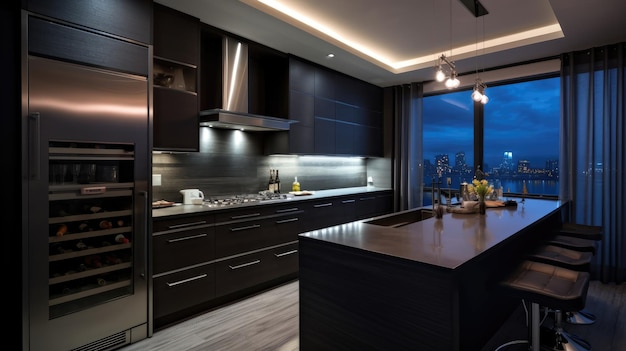 Dark Modern Kitchen in Luxury apartment with stainless steel Appliances