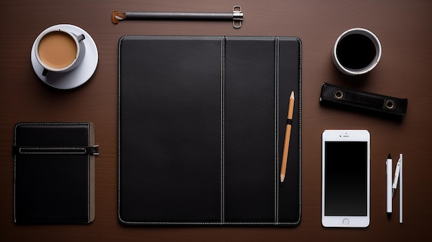 Dark Modern Workplace with Tablet and Supplies