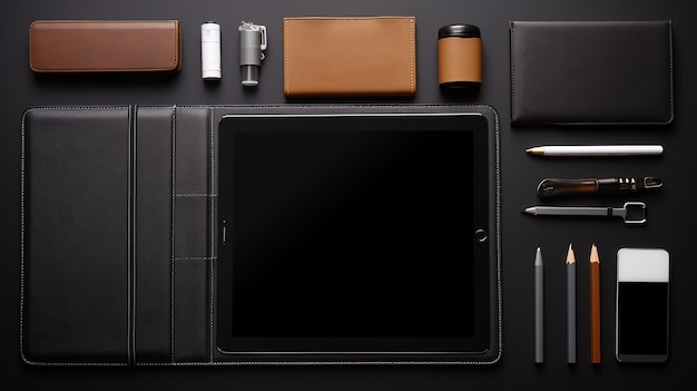 Dark Modern Workplace with Tablet and Supplies