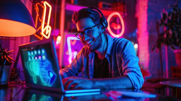 During a dark moment a young man sits in front of a laptop exulting over his online victory