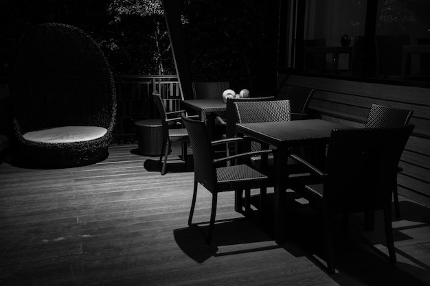 In the dark Monochrome of restaurant Table in the night