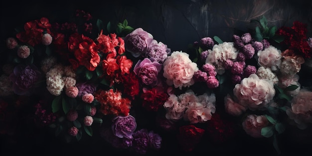 Dark moody floral peony flowers wall background