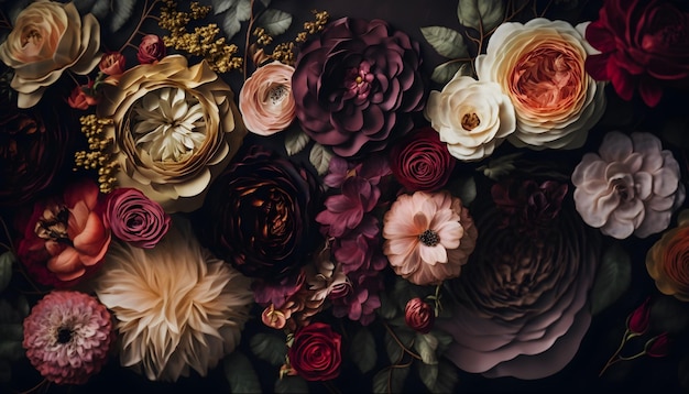 Dark moody floral roses peonies flowers background