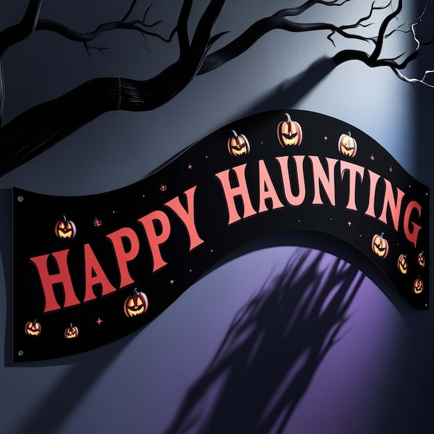 Photo a dark and moody halloween banner featuring a bold curved font with the words happy haunting in c