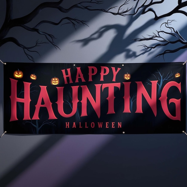 Photo a dark and moody halloween banner featuring a bold curved font with the words happy haunting in c