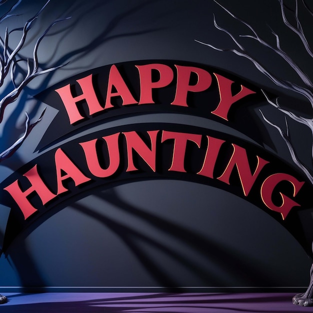 Photo a dark and moody halloween banner featuring a bold curved font with the words happy haunting in c