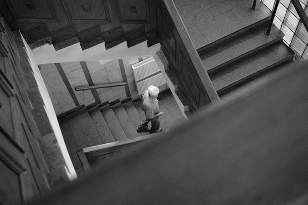 Dark moody old soviet hospital building stairs