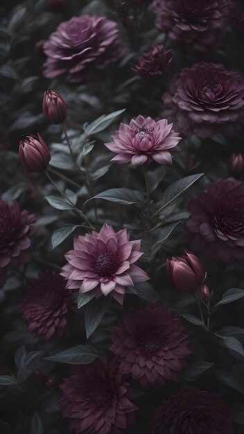 Dark moody pink flowers in a gloomy setting outdoor