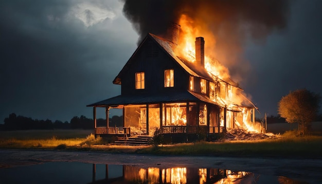 Photo dark moody stock photo depicting a house burning down at night with dramatic lighting evoking a se