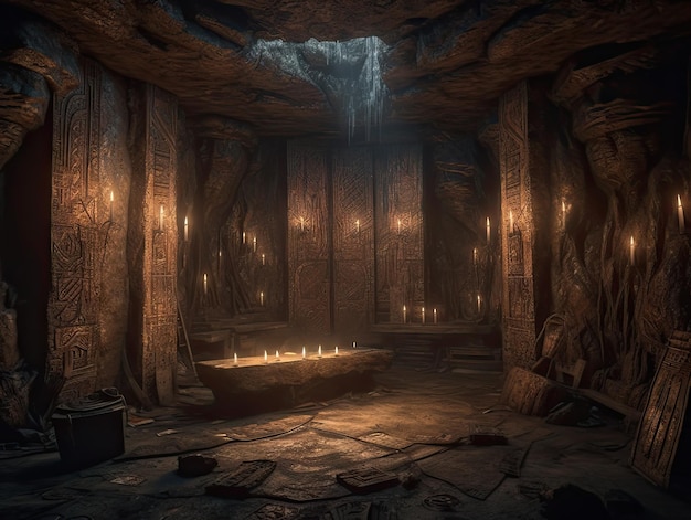 A dark and mysterious cavern adorned with ancient runics