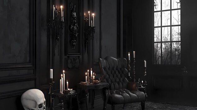 Photo dark mysterious and elegant room with candles a skull and a leather armchair