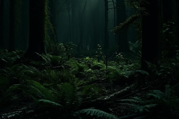 Dark mysterious forest full of different kinds of plants